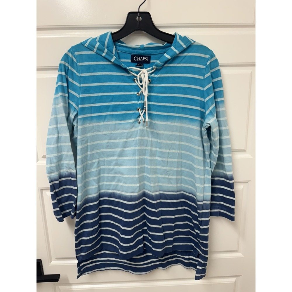 Chaps Denim Women Blue Ombre Striped Lace Up Hoodie High Low Hem Medium